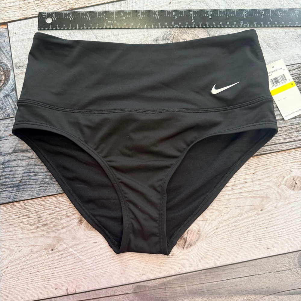Nike Black High Waisted Bikini Bottom Small Athletic Swimwear Swoosh sporty boho - Picture 5 of 10